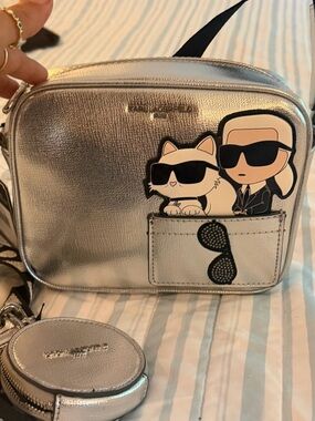 Karl Lagerfeld Silver Metallic Crossbody with Cartoon Patch